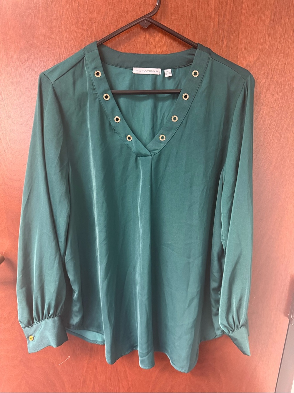 Notations Emerald Green Long-Sleeve V-Neck Top with Grommet Trim